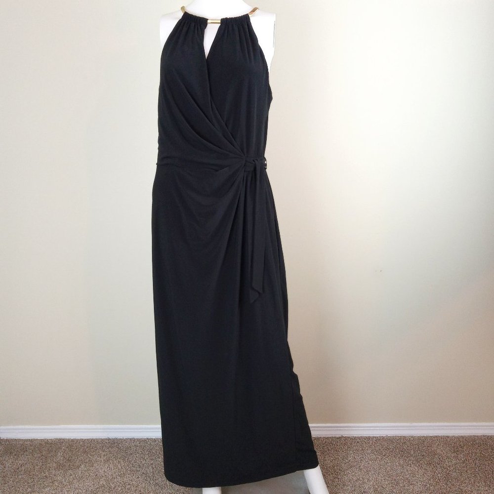 Emma & Michele Women's Halter Maxi Dress Size 14 Black Gold Chain Faux Wrap - Picture 1 of 11